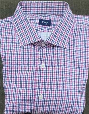 JWN Nordstrom Men's Pink Blue Check Trim Fit Dress Shirt Size 16.5 X 34