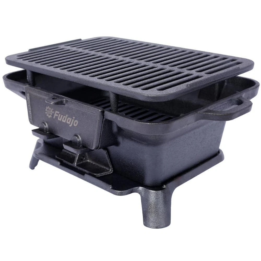 19.6" Enameled 1-Burner Cast Iron Portable Charcoal Grill for Camping, BBQ