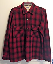 VINTAGE PILGRIM RED BLACK WOOL PLAID SHIRT SEARS MEN'S 15-15 1/2 ca 1970s