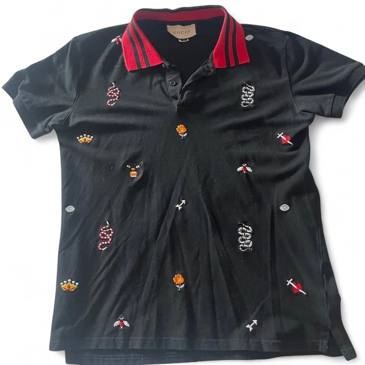 GUCCI 　ブラック　ポロシャツ 刺繍　蜂 Gucci Embroidered Snake Flower Bee Polo | eBay