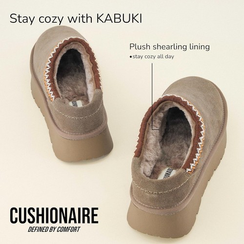 CUSHIONAIRE Kabuki Platform Boots Genuine Suede Fuzzy 8.5 Wide, Taupe - Picture 3 of 9