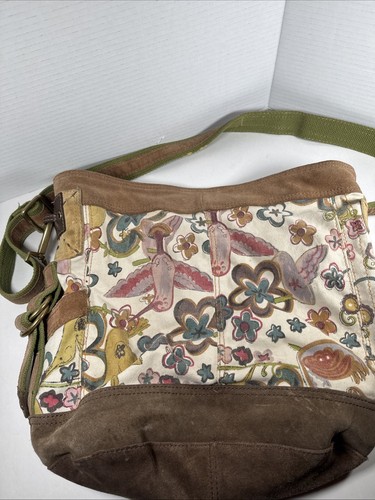 LUCKY BRAND Floral Blossom Canvas Suede Crossbody/Shoulder Bag Large VTG Y2k - Picture 1 of 24