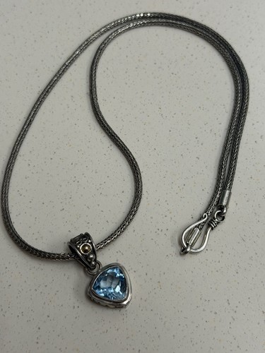 BA Trillion Cut Blue Topaz Pendant Necklace 925 Sterling Silver & 18K - Picture 2 of 4