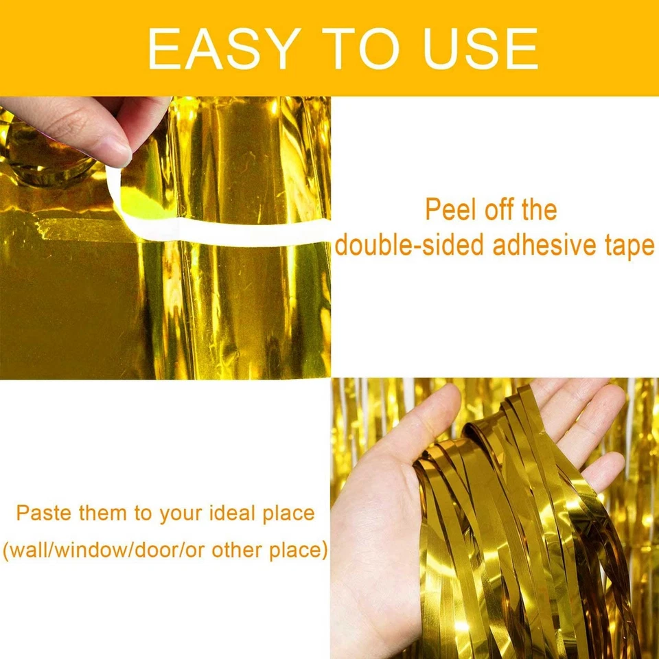 Paquete de 4 telones de fondo de cortina con flecos de lámina dorada de 3,28 pies x 8,2 pies lámina de oropel metálico... Foto 3 de 4
