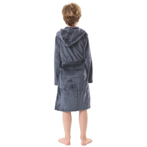 Boys Fleece Robe, Hooded Plush Soft Fuzzy Bathrobe for Kids 3 7-8 Years Gray - Picture 4 of 6