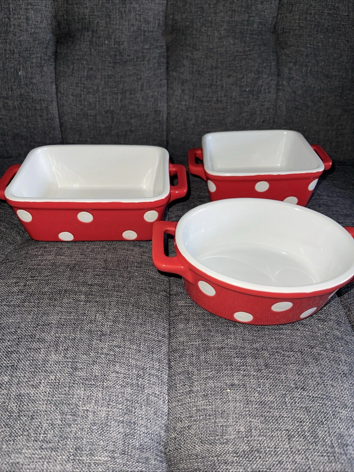 Set Of 3 BIA China Red Polka Dot Collection Mini Bakers With Handles
