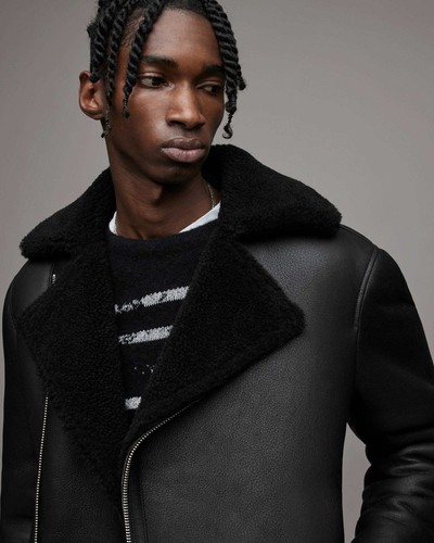 Chaqueta de cuero genuino de piel de oveja negra para hombre RAF Shearling Aviator B3 Bomber - Imagen 2 de 4