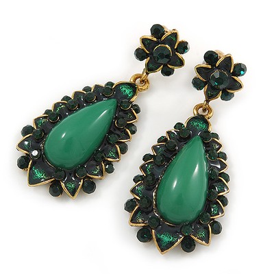 Apple Green Resin Stone, Dark Green Crystal Teardrop Earrings In Gold Tone -
