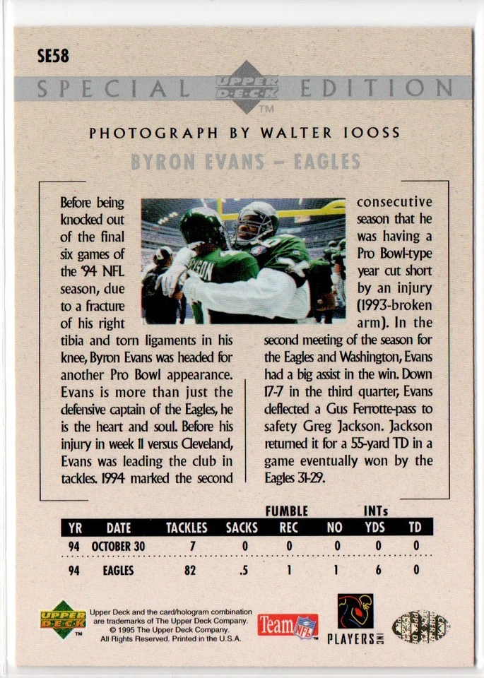 1995 Upper Deck Special Edition #SE58 Byron Evans - Image 2 of 2