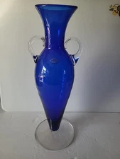 Blenko Cobalt Blue Hand Blown Tall Vase With Applied Clear Handles Marked 2003