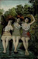 Edwardian ladies vintage swim suits big hats fashion embossed vintage unused PC