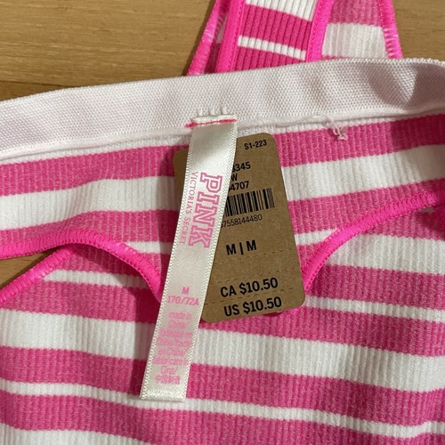 Victoria's Secret PINK Thong Panty Pink White Stripe Size M Ribbed Stretch New - Picture 3 of 3