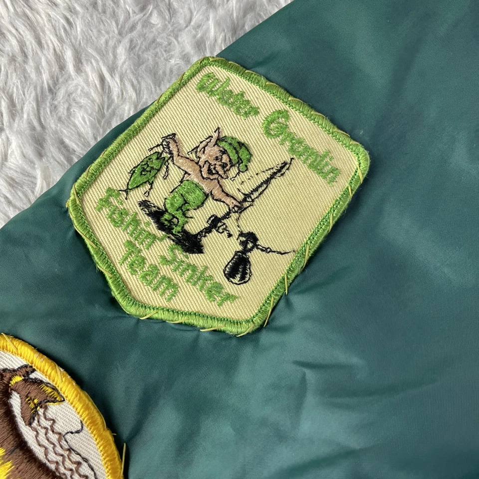 Chaqueta de pesca vintage para hombre parches verdes medianos señuelo almizcle exterior Gorp años 80 Foto 3 de 4