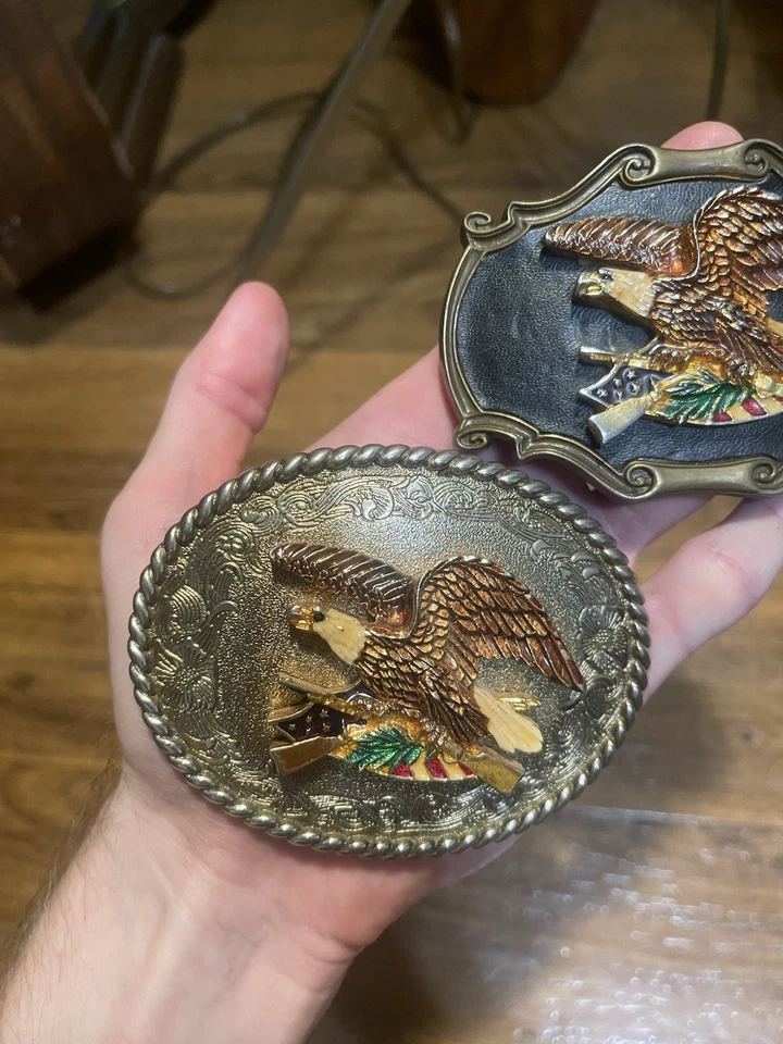 Винтажный 1978 дождя дерево Eagle ремень пряжка красивая винтовка NRA лот 2 серебро - Изображение 3 из 4