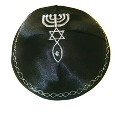 Kippah with Messianic Sign Embroidered Satin - Black