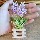 Mini Clay Purple Cymbidium Orchids Flowers Artificial Flower in Wooden Planter