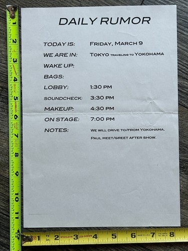 Horario de itinerario KISS gira de despedida Yokohama Japón 9 de marzo de 2001 beso de colección - Imagen 1 de 2