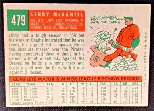 Lindy McDaniel Cardinals 1959 Topps #479 en muy buena condición (2) - Imagen 4 de 4