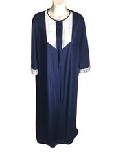 Vintage Sz L Long Gown Lingerie 3/4 Sleeve Silky Nylon Button Navy Blue
