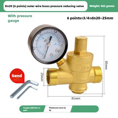 DN20 Valvola Regolazione Riduzione Pressione Acqua Regolabile Ottone 4/6" (Con Manometro - Foto 37 di 38