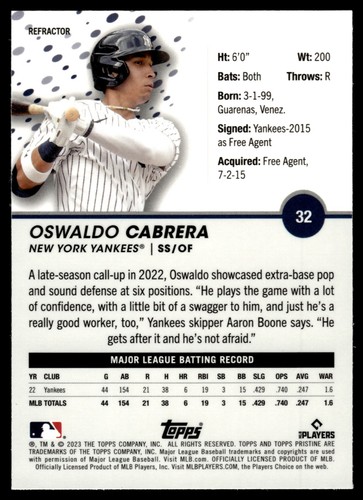 2023 Topps Prístino REFRACTOR OSWALDO CABRERA #32 YANKEES RADIOCONTROL - Imagen 2 de 2