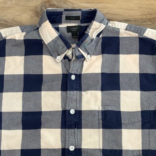 J Crew Oxford Shirt Mens Large Slim Cotton Button Down Blue Buffalo Plaid OCBD - Picture 2 of 8