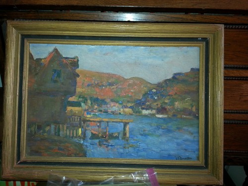 Signed Original Harold Ellsworth Bassett Marine Harbor Scene Oil on Board 14x18 - Zdjęcie 9 z 10