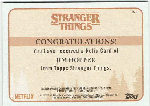 Stranger Things Season 1 Topps 2018 Costume Relic Card R-JH Jim Hopper - Picture 3 of 3