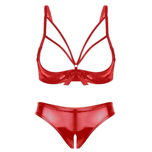 Damen Wetlook Lackleder Dessous Sets BH mit Slips Tanga Erotische Reizwäsche - Bild 9 von 33