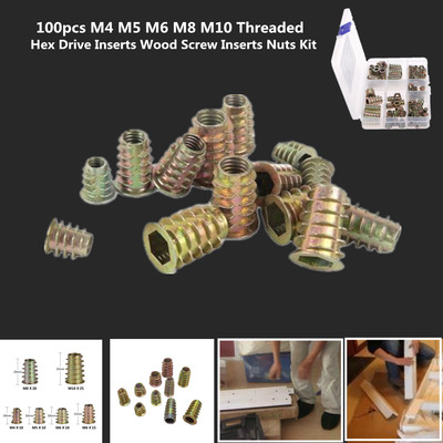 100x M4//5//6//8//10 Threaded Hex Drive Fixing Wood Screw Inserts Nuts Toolk Sale