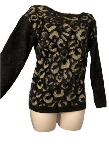 Suéter Pullover Joseph A Para Mujer Negro Estampado Guepardo Pestañas Suaves Talla Pequeña - Imagen 1 de 9