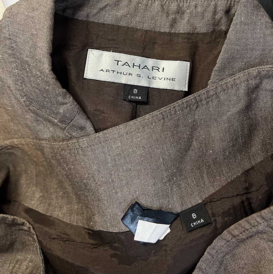 Traje Falda Marrón Tahari ASL Para Mujer 8 Mezcla de Lino Manga Corta Hasta la Rodilla Foto 4 de 4