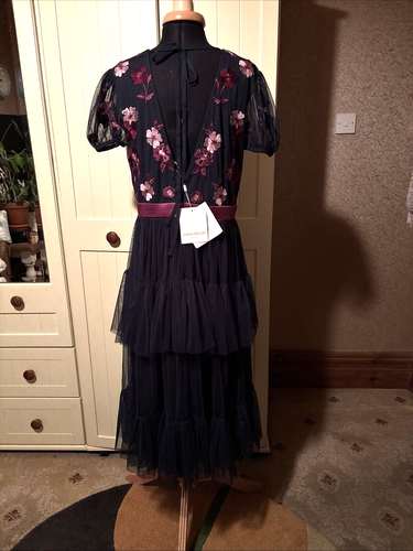 MAYA DELUXE Curve Navy Floral Embroidered Tiered Tulle Midi Dress Size 14 NEW - Picture 17 of 20