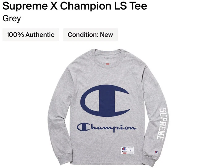 T shirt Supreme X ChampionL/S !!! Gris !!! Moyen !!!!!SS17 !!!!Super Rare !!!
