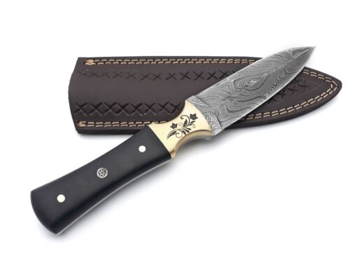 Handmade Damascus Steel Fixed Blade Knife -Full Tang, Brass Engraved Bolster - Picture 3 of 6