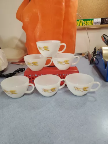 6 Vintage 1960's Fire King Ware Golden Wheat Teacups White Glass Cups 