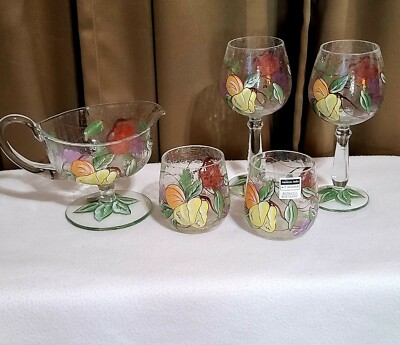 Amer. Atelier Pompeii Fruit Crackle Hand Painted Pitcher/ Goblets/ Wine Glasses