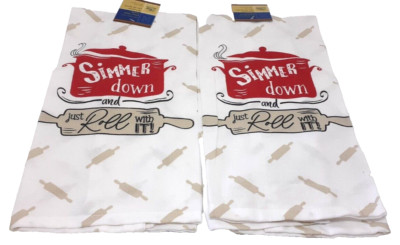 2 Kitchen Flour Sack Tea Dish Towels 'Simmer Down Just Roll With It' NEW