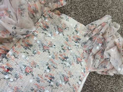 JessaKae Damen 1XL Plus Elfenbein Blumen Chiffon gesmoktes Kleid lang Maxi Stufen - Bild 12 von 14