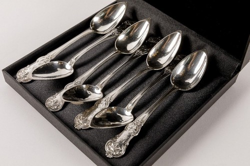 Antique Set of 10 Solid Silver Tea/Dessert Spoons Minerva Hallmark in Box 19th C - Picture 6 of 8