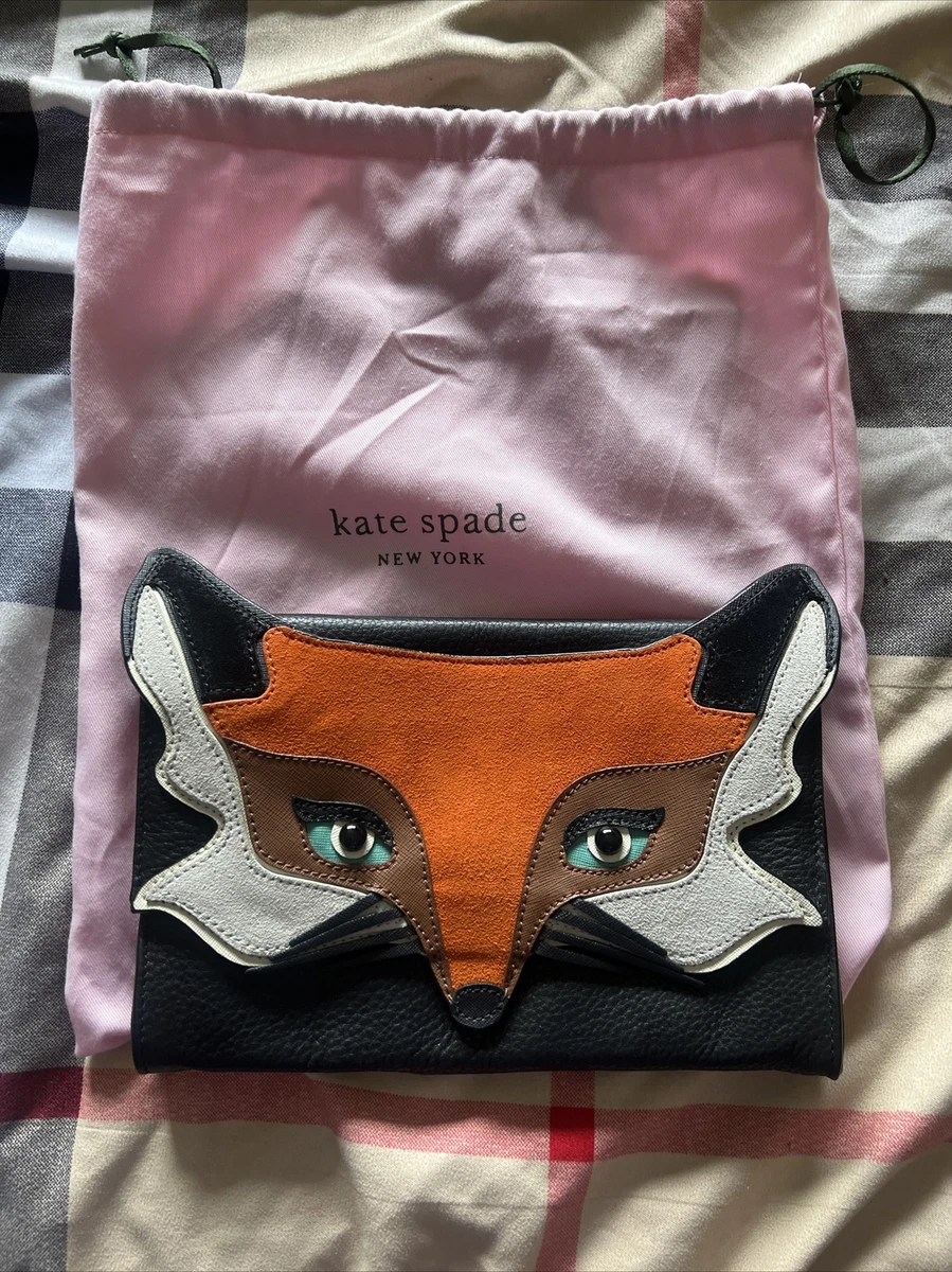 New KATE SPADE BLAZE A TRAIL Cute FOX Face CLUTCH BAG Leather