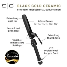 StyleCraft Stay-Temp Black Gold Professional Curling Iron with Extra-Long Thumb