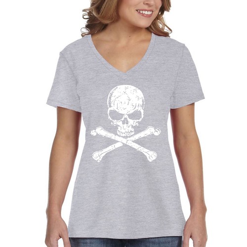 Camiseta para mujer envejecida blanca calavera y huesos cruzados pirata Jolly Roger cuello en V - Imagen 7 de 7