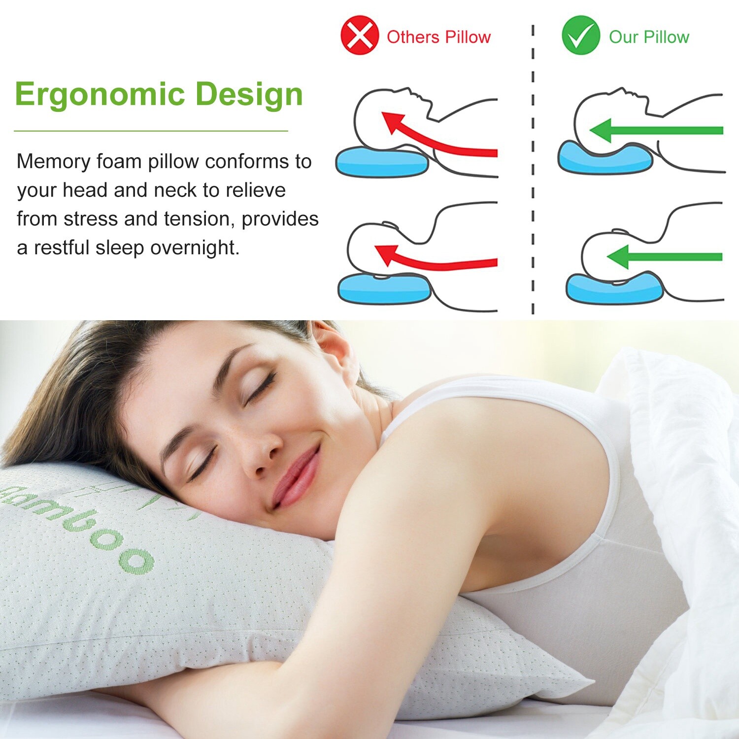 Bamboo Shredded Memory Foam Pillow Hypoallergenic Washable Cover Queen/King Size - Picture 2 of 22