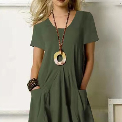 Womens Summer Loose Fit Dress Ladies Summer Short Sleeve Cotton Linen Sundress - Picture 7 of 19