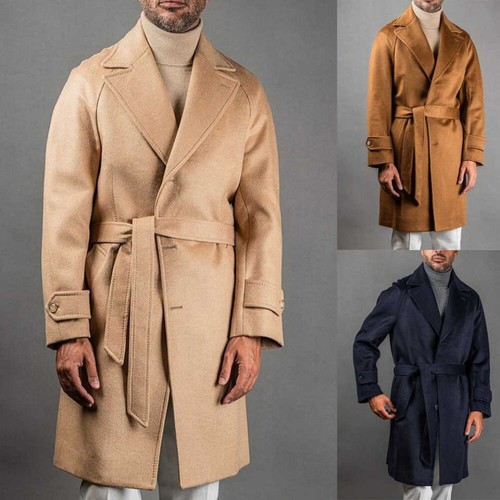 Winter Herren Langer Mantel mit Gürtel Verstellbar Weste Wollmischung Jacke Warm Freizeit - Bild 1 von 17