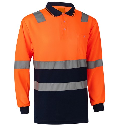 HI VIS Long Sleeve Workwear Shirt w Reflective Tape Cool Dry Safety Polo 2 Tone - Picture 2 of 13