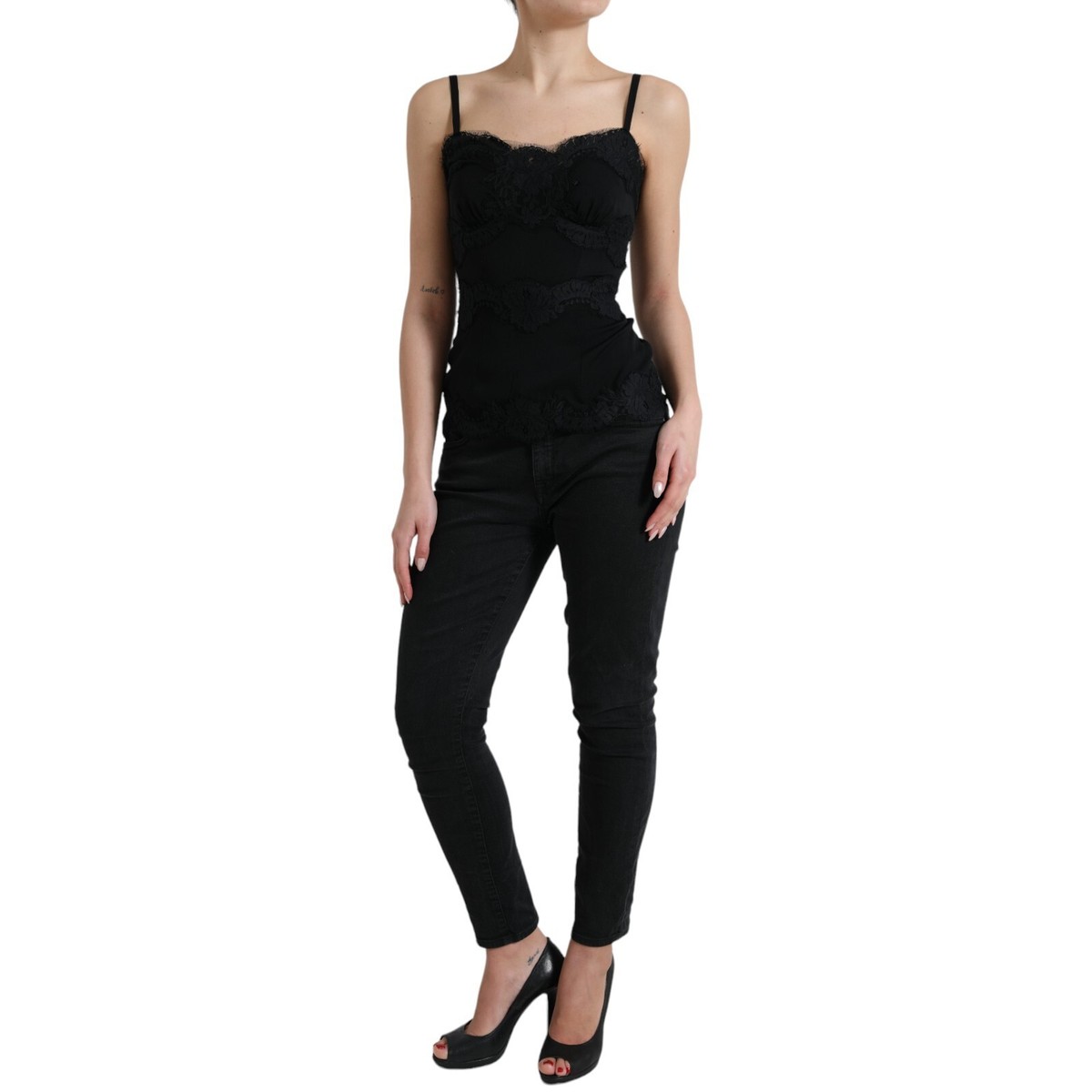 DOLCE & GABBANA Top Black Silk Stretch Lace Sleeveless Tank IT40