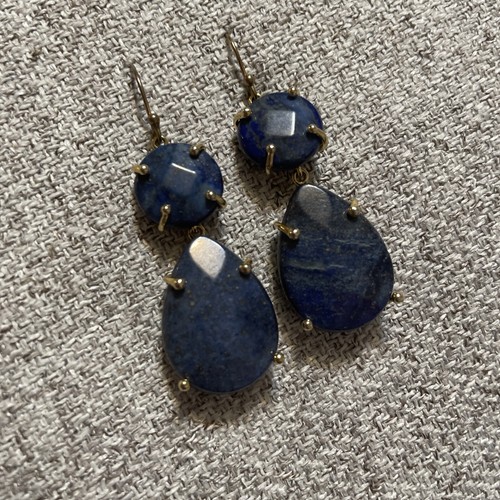 Blue Lace Agate Heart Earrings Dangle Tear Drop Gemstone Faceted Gold Tone Boho - Picture 2 of 8