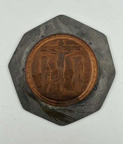 Vintage Christianity Brass Copper Plaque Jesus on the Cross 14 Oz, 3.5”